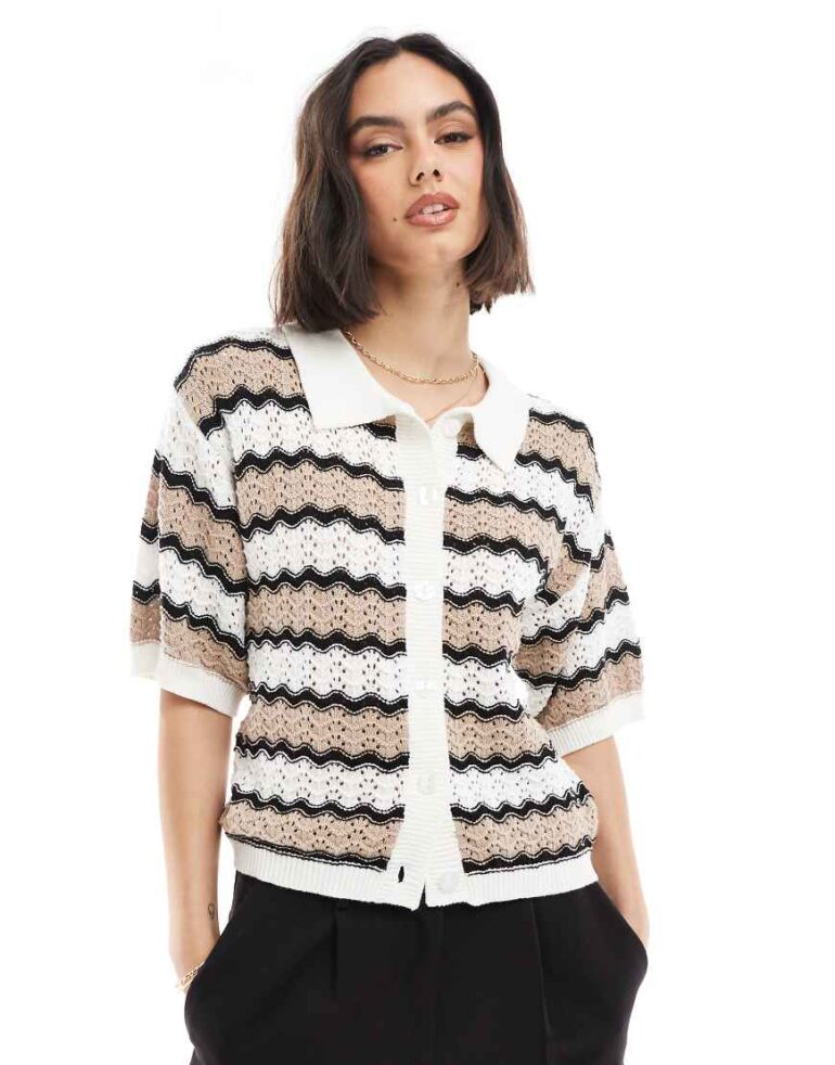 Brave Soul crocheted button down top in zig zag print-Multi