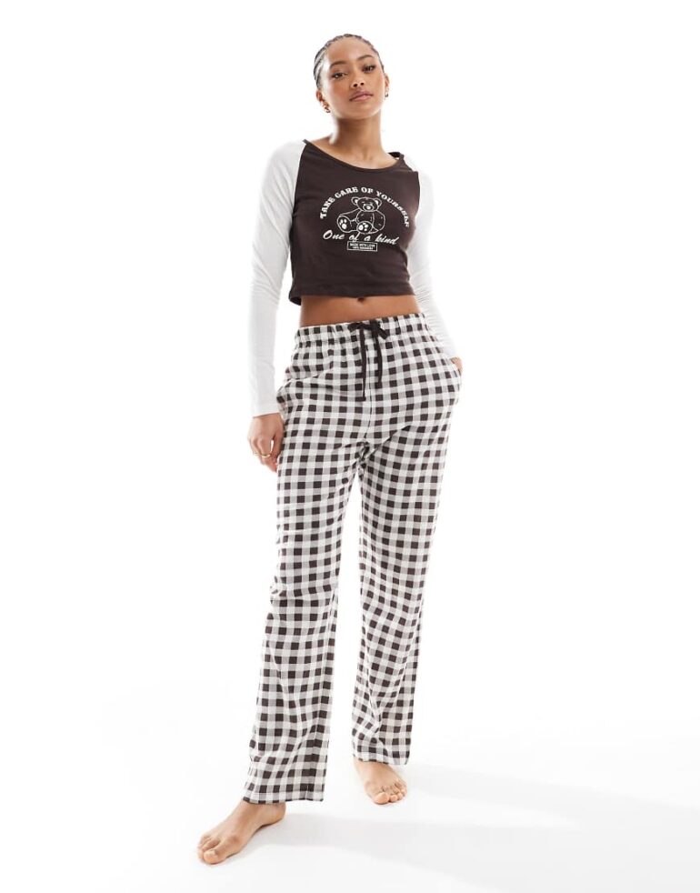 Brave Soul cropped long sleeve t-shirt and wide leg check trouser lounge set in ecru and brown-White