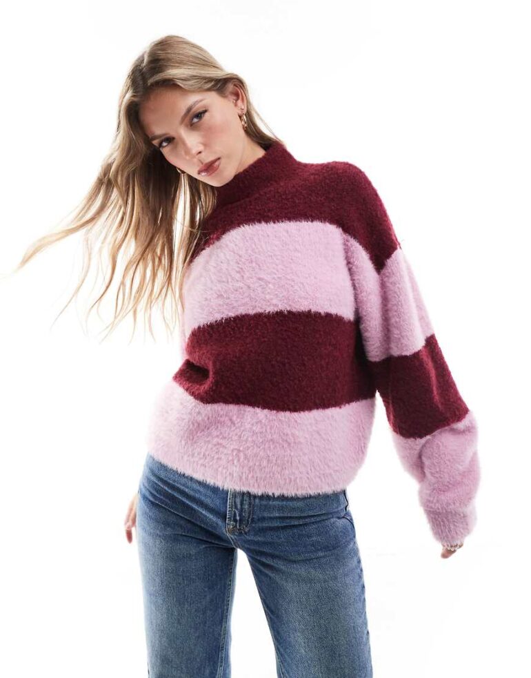 Brave Soul high neck jumper in burgundy and lilac stripe-Red