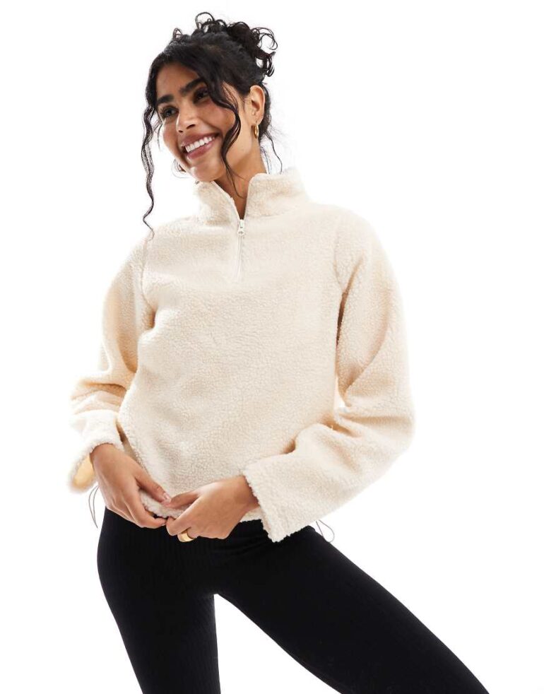 Brave Soul long sleeve 3/4 zip fleece in cream-White
