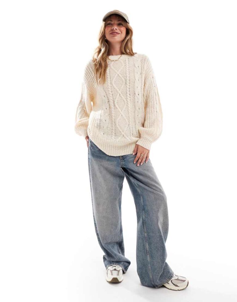 Brave Soul oversized cable knit jumper in oatmeal-White