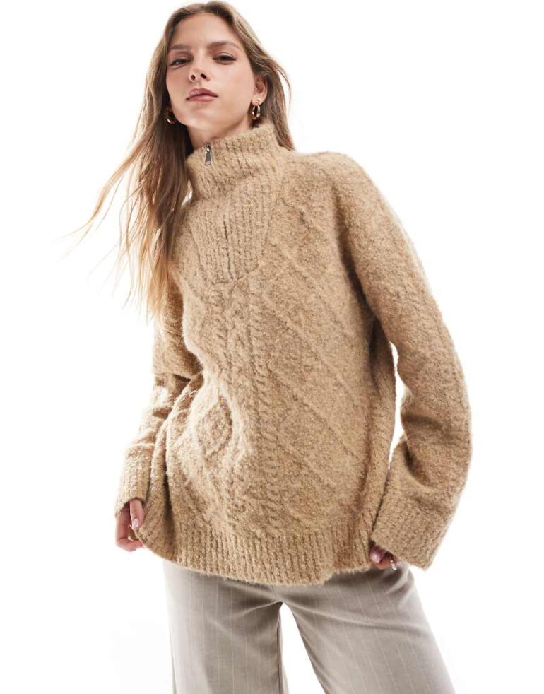Brave Soul texture knit half zip jumper in camel-Neutral