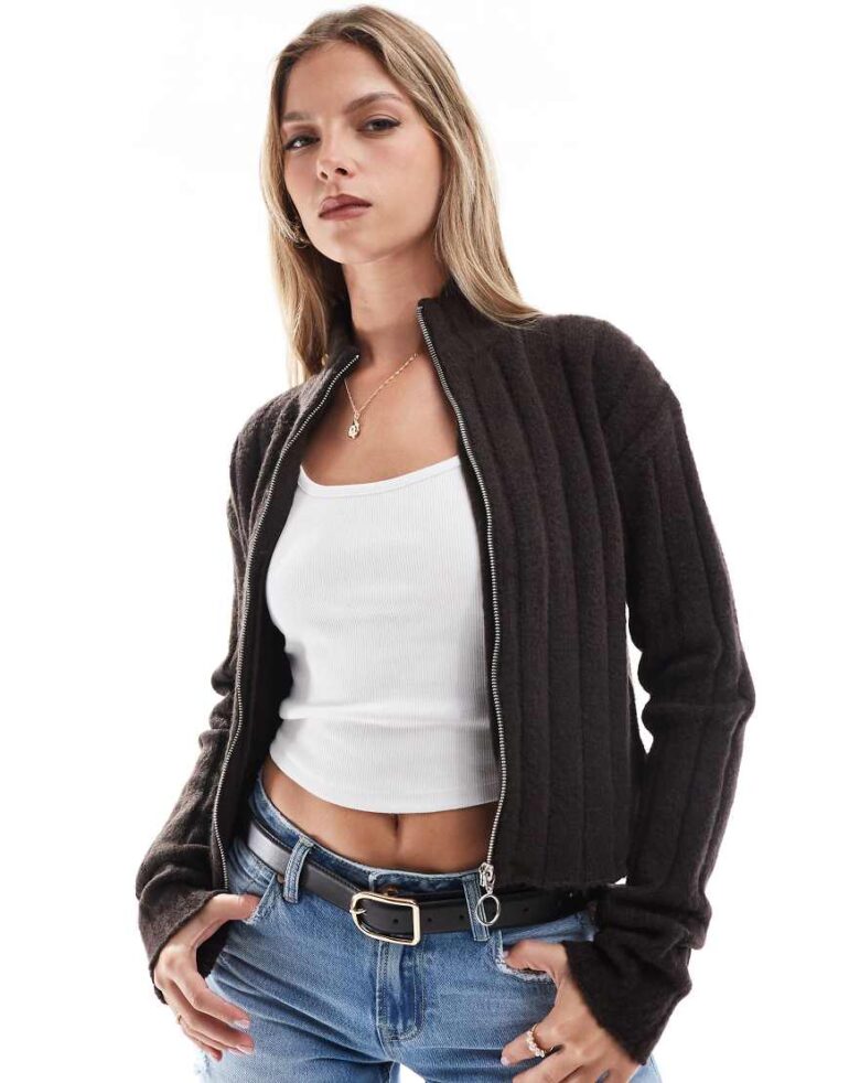 Brave Soul zip front ribbed jumper in dark brown