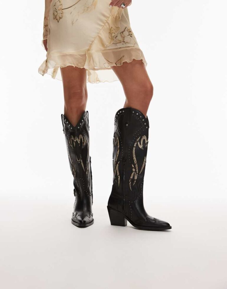 Bronx Next-low-kole buckle western knee boots in black and snake leather
