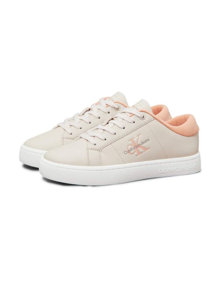 Calvin Klein Jeans Leather Trainers in Eggshell and Coral-White