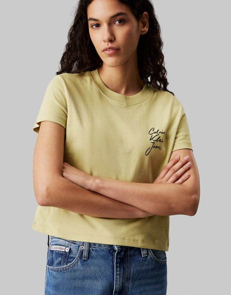 Calvin Klein script institutional baby t-shirt in Leek Green