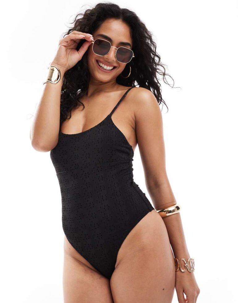 Daisy Street broderie seam detail swimsuit in black