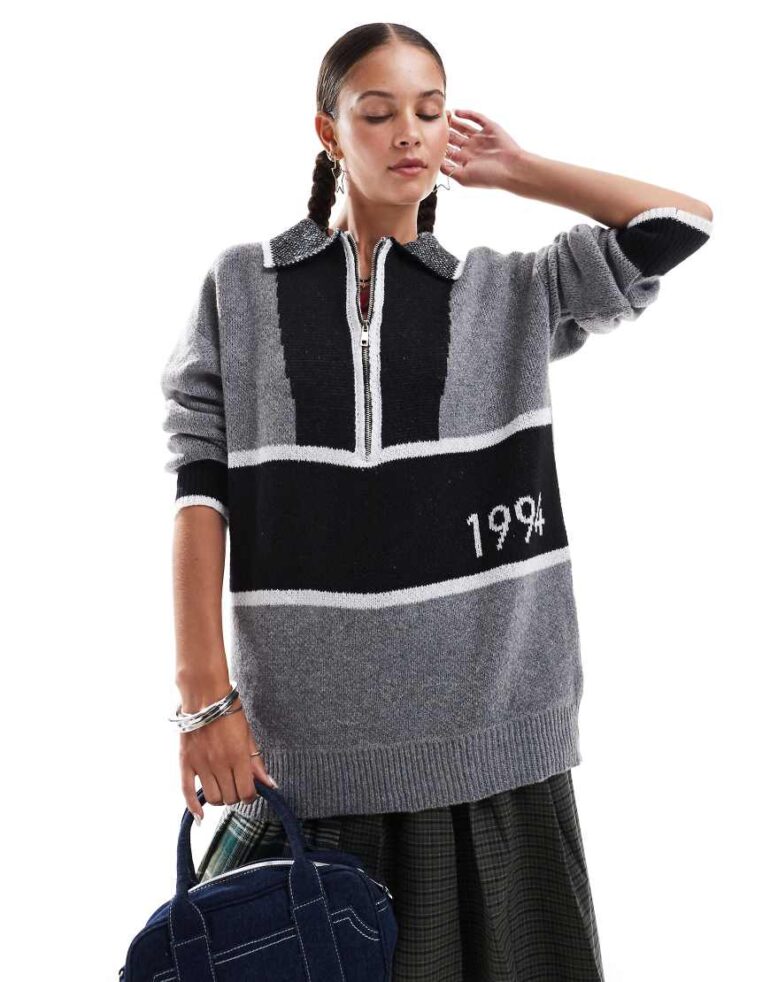 Daisy Street half zip vintage sport knitted jumper-Grey