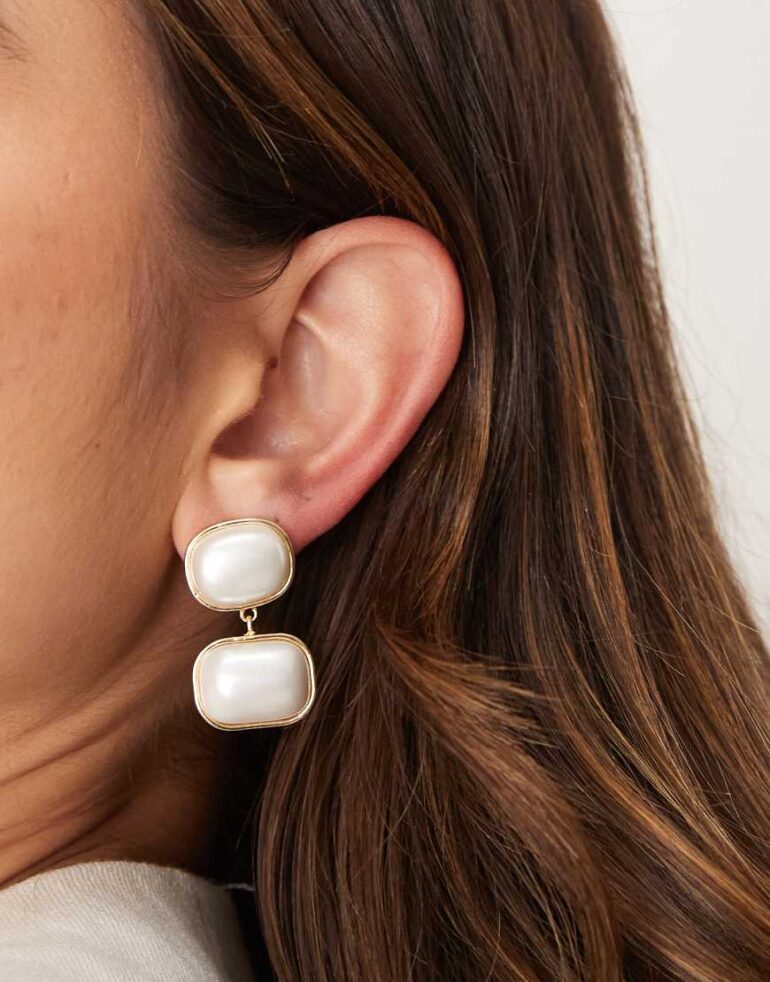 DesignB London double pearl drop earrings in gold