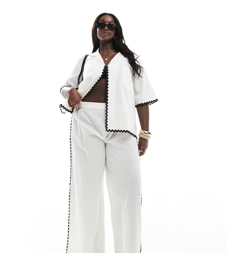 Esmee Curve Exclusive ric rac beach trouser co-ord in white