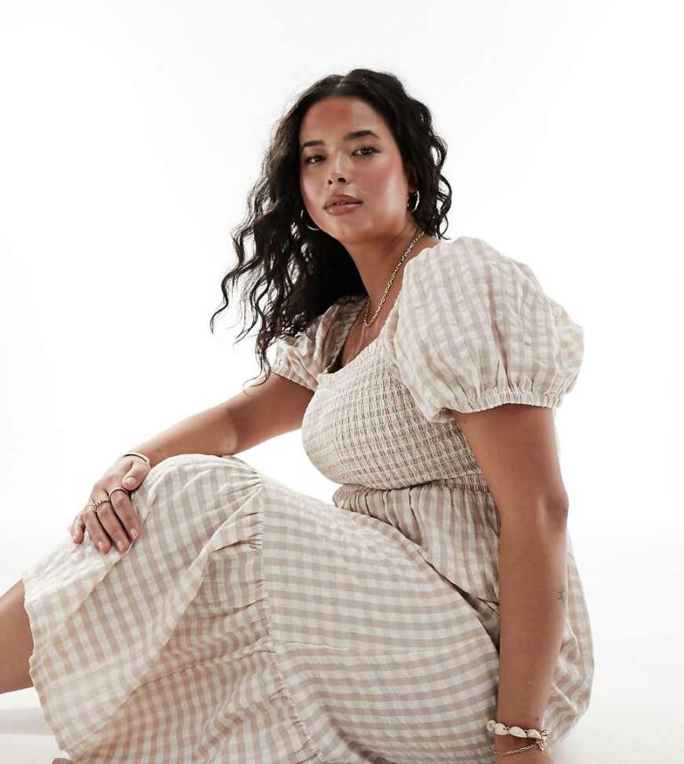Esmee Curve ruched puff sleeve gingham maxi beach dress in beige and white-Multi