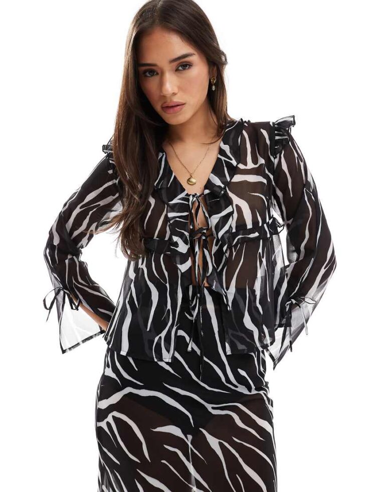 Esmee Exclusive sheer tie front beach top with ruffle trim in zebra-Multi