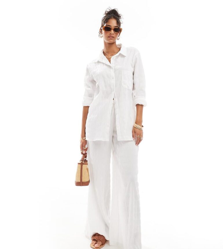 Esmee Exclusive textured oversized beach shirt co-ord in white