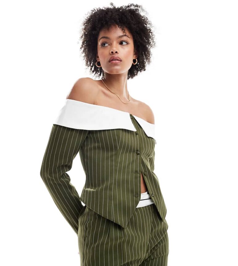 Extro & Vert Tall corset bandeau blazer top in khaki stripe co-ord-Green