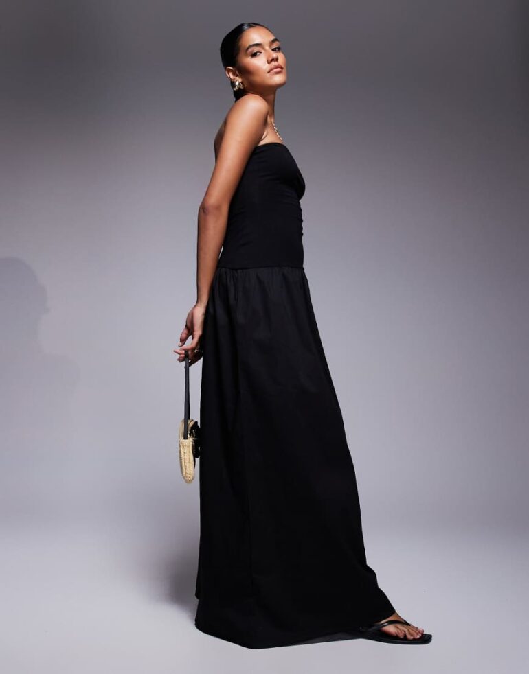 Fashionkilla cotton & poplin mix drop waist bandeau maxi dress in black