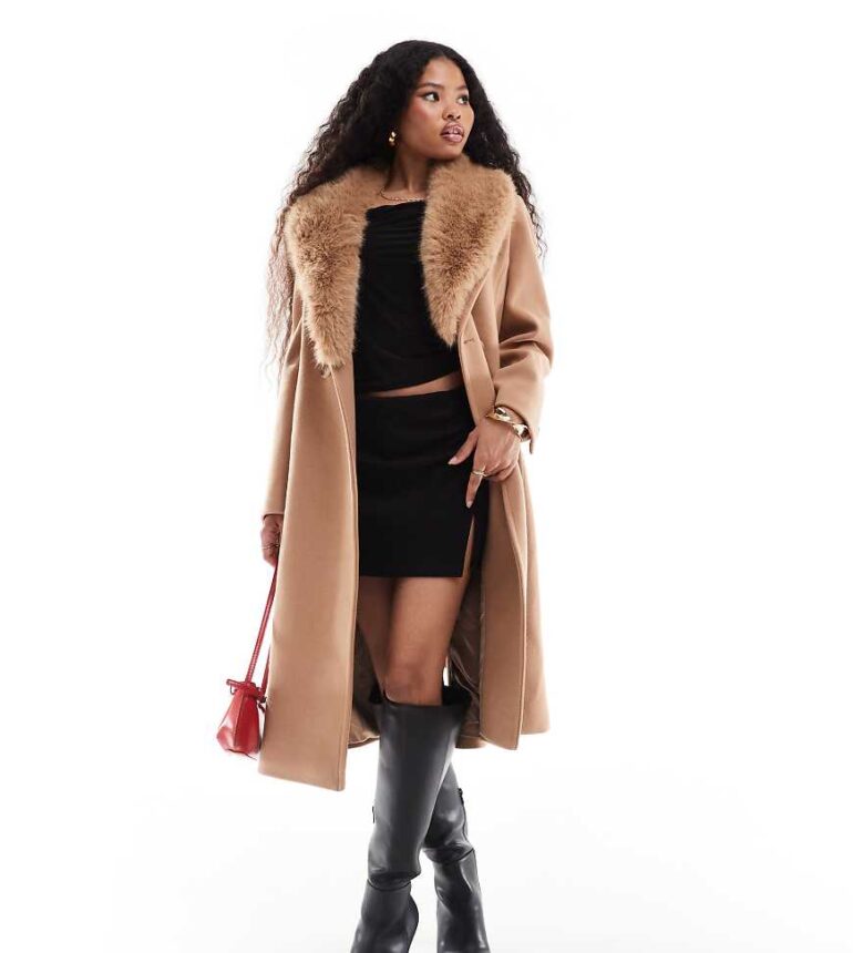 Forever New Petite faux fur collar coat in camel-Neutral