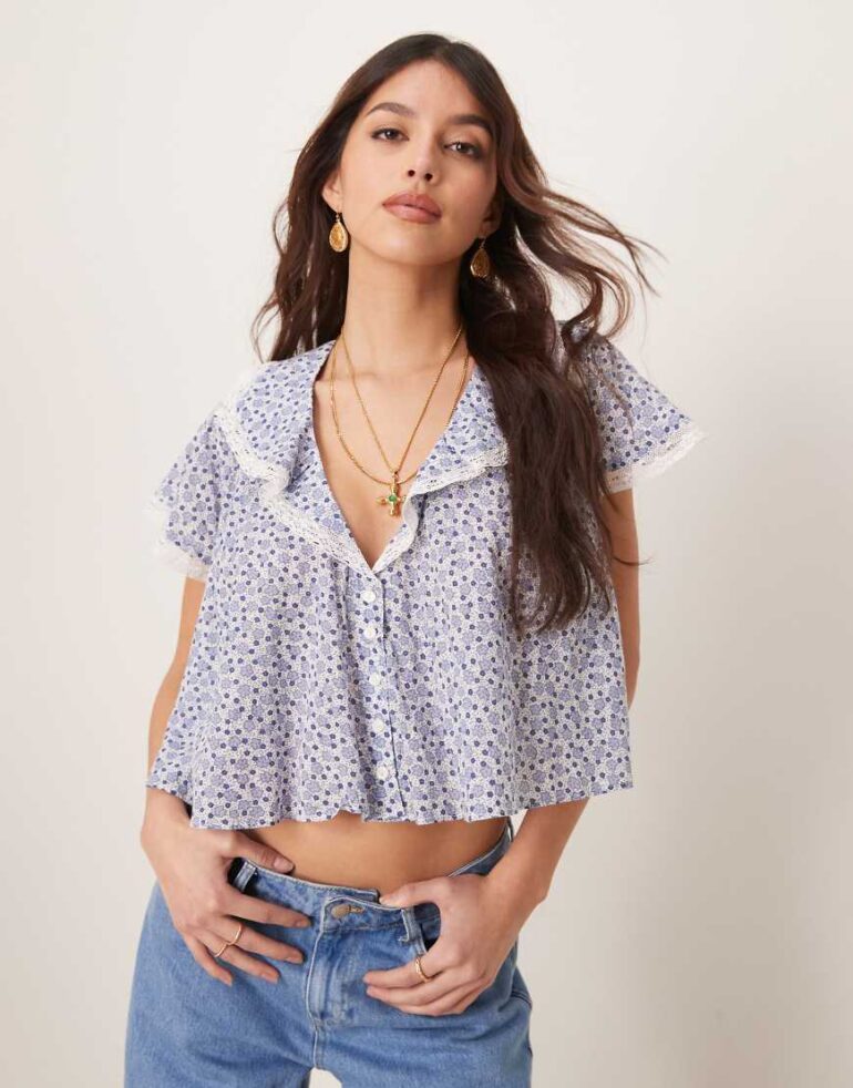 Free People truly yours ditsy print cropped blouse in baby blue