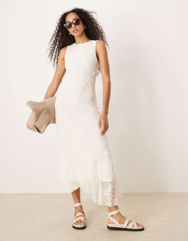Gina Tricot antique lace craft sleeveless assymetric hem midi dress in natural off white