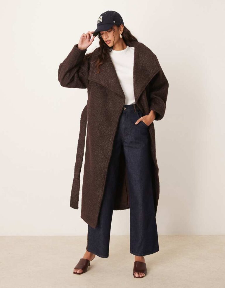 Gina Tricot belted wrap midi coat with funnel neck in brown