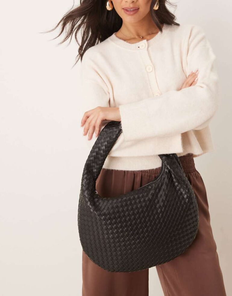 Gina Tricot braided weave shoulder bag with twisted handle in black