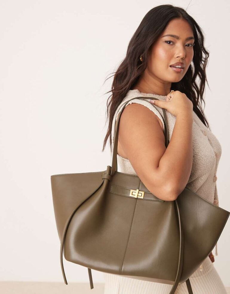 Gina Tricot faux leather medium tote bag with strap and clutch detail in deep taupe khaki-Green