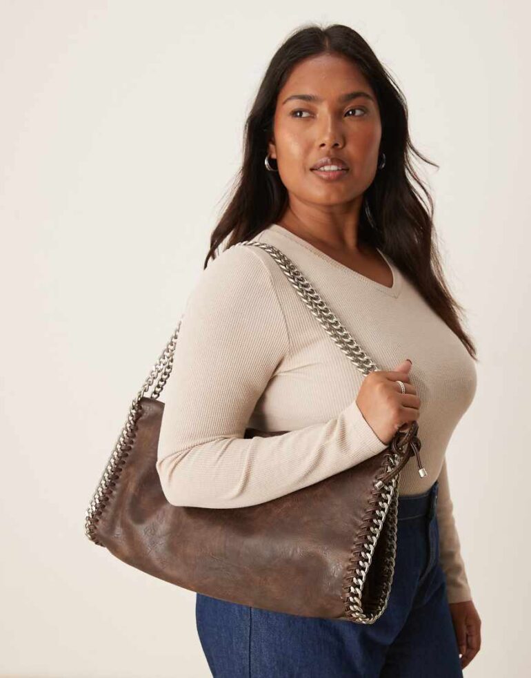 Gina Tricot silver chain shoulder bag in brown