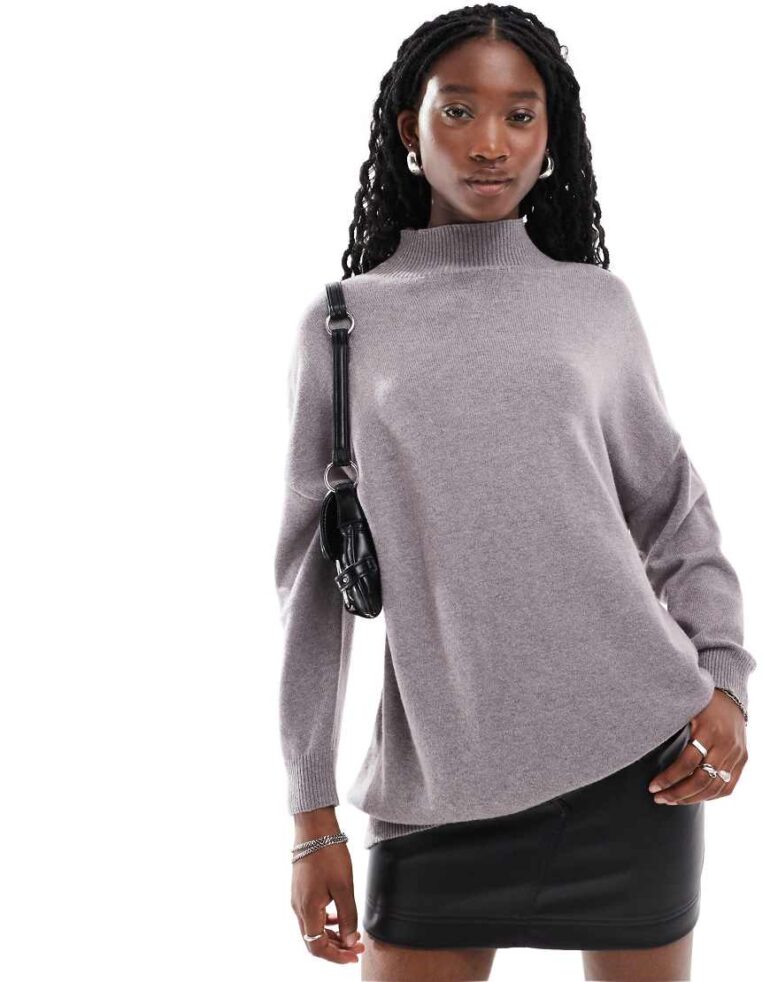 Glamorous high neck oversized slouch jumper in mushroom knit-Grey