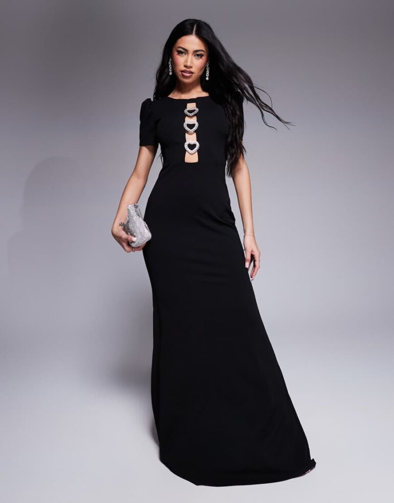 Goddiva Diamante embellished heart brooch scuba maxi dress in black