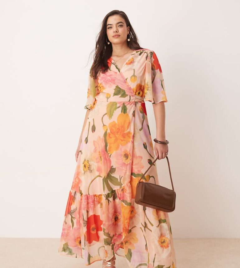 Hope & Ivy Plus frill sleeve maxi wrap dress with tie waist in pink floral
