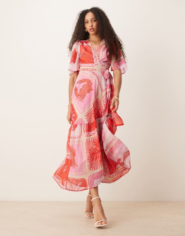 Hope & Ivy flutter sleeve maxi wrap dress in pink beach print