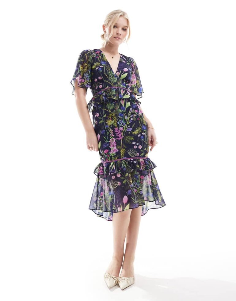Hope & Ivy midi tea dress with peplum waist in navy print