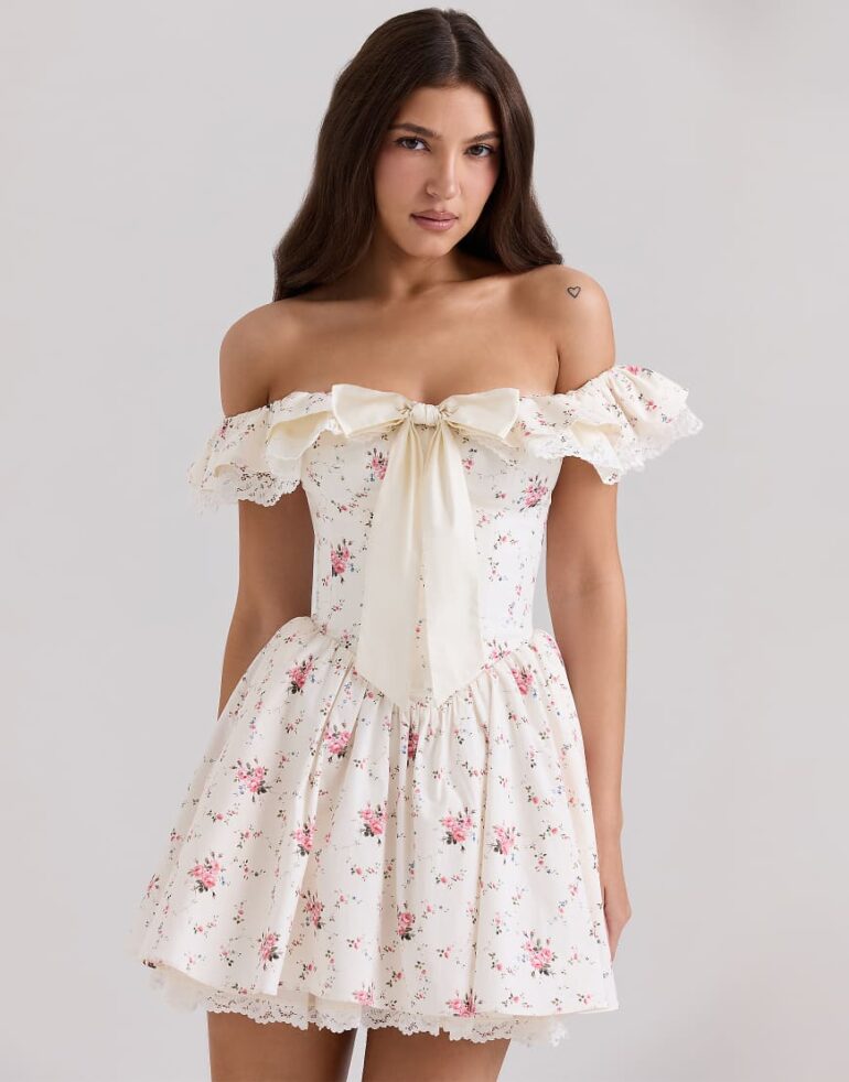 House of CB Jaide stretch cotton off shoulder corset mini dress in floral print - MULTI