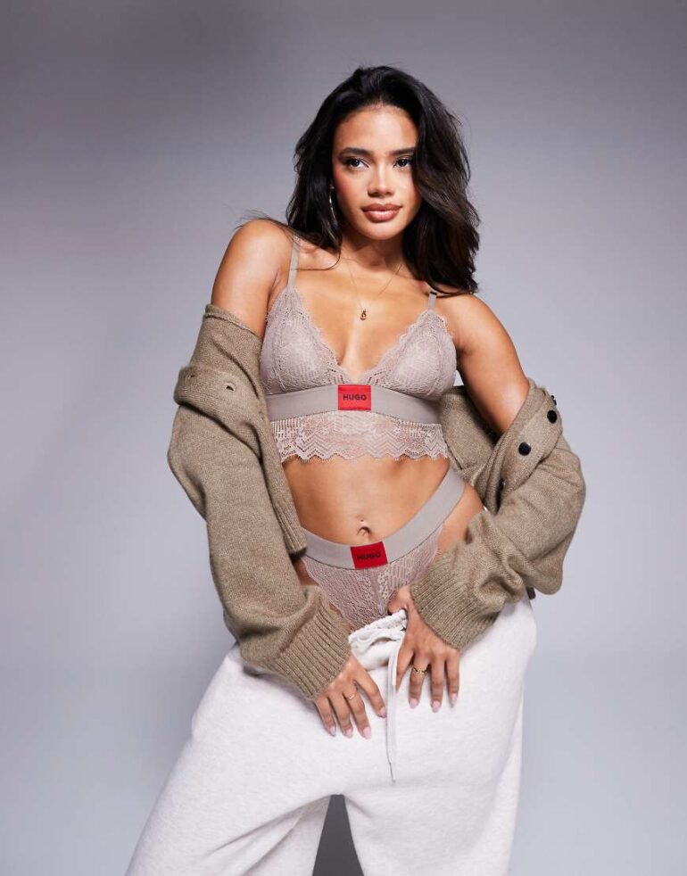 Hugo Red co-ord lace bra in brown with red label logo