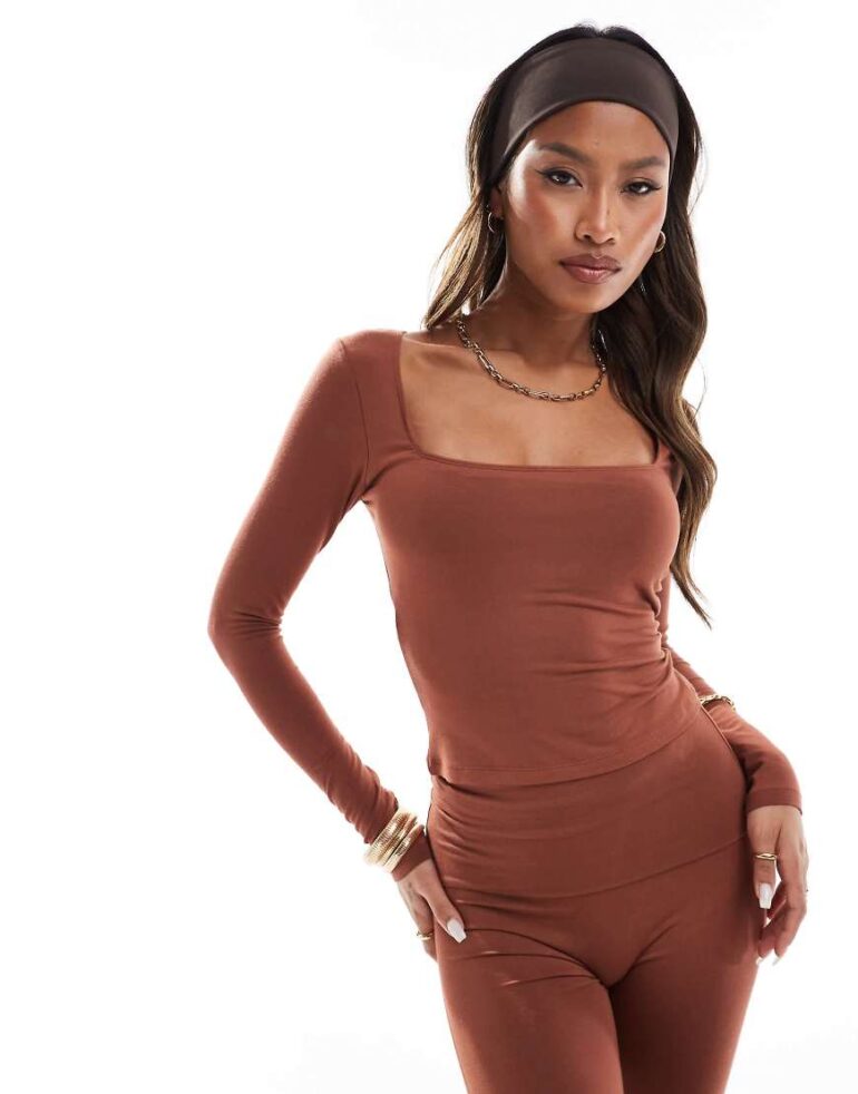 In The Style double layered slinky sculpt square neck long sleeve top co-ord in rust-Orange