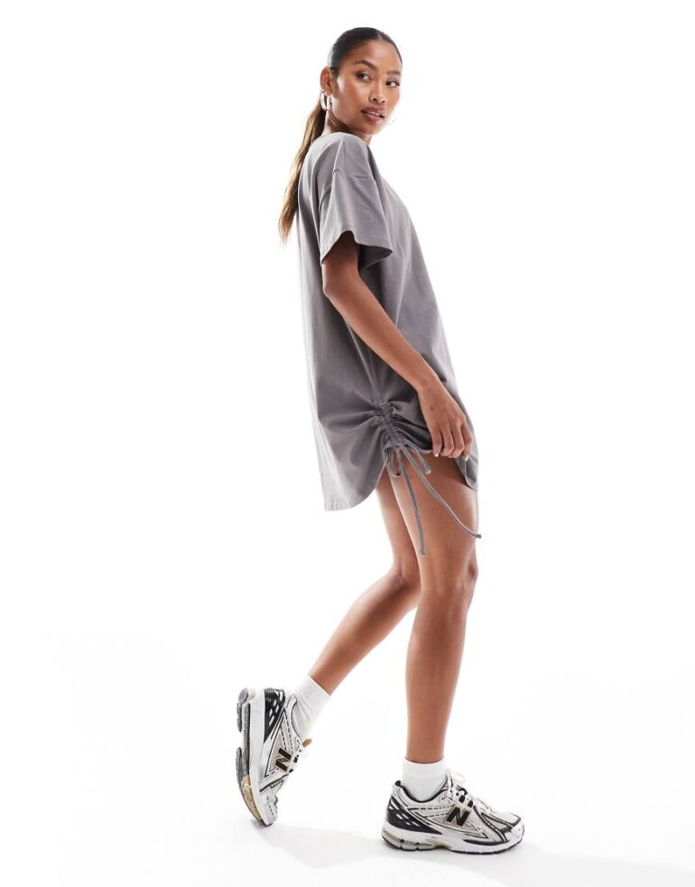 In The Style exclusive ruched side oversized mini t-shirt dress in charcoal-Black