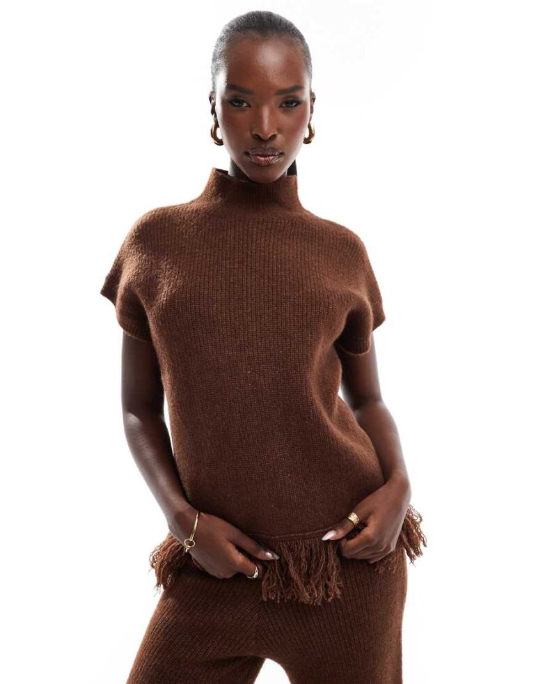 In The Style high neck tassel hem jumper co-ord in chocolate-Brown