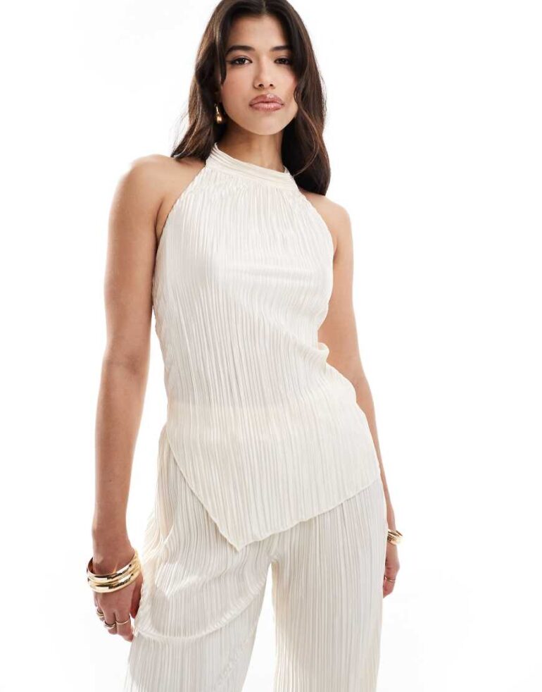 In The Style x Perrie Sian plisse halterneck top co-ord in cream-White