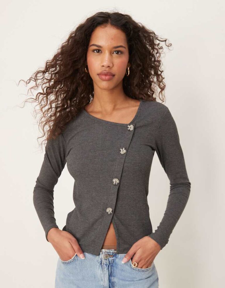 JDY asymetric ribbed button detail top in dark grey
