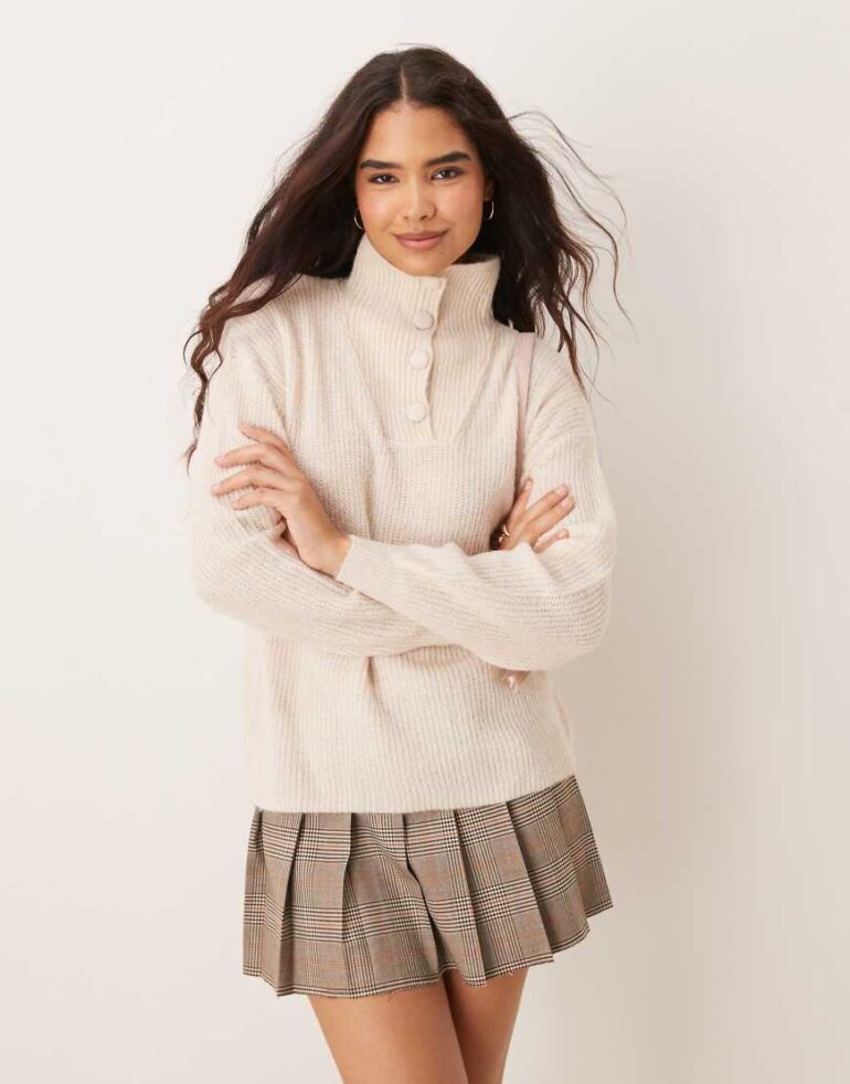 JDY button detail high neck knitted jumper in stone-Neutral