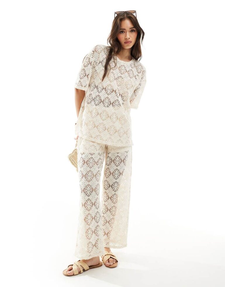 JDY crochet wide leg trouser co-ord with short inscert in stone-Neutral