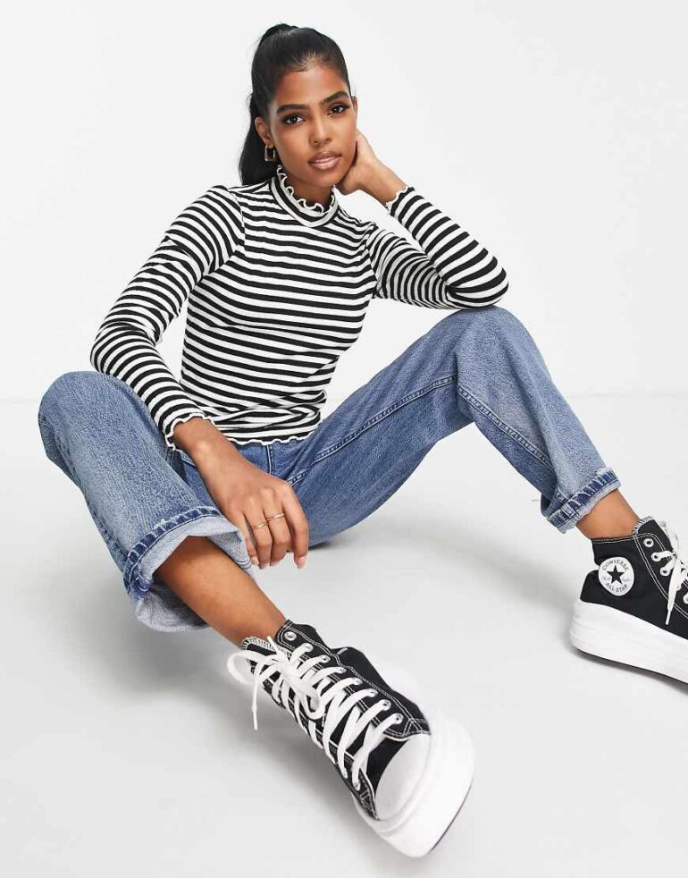 JDY high neck lettuce edge top in black stripe