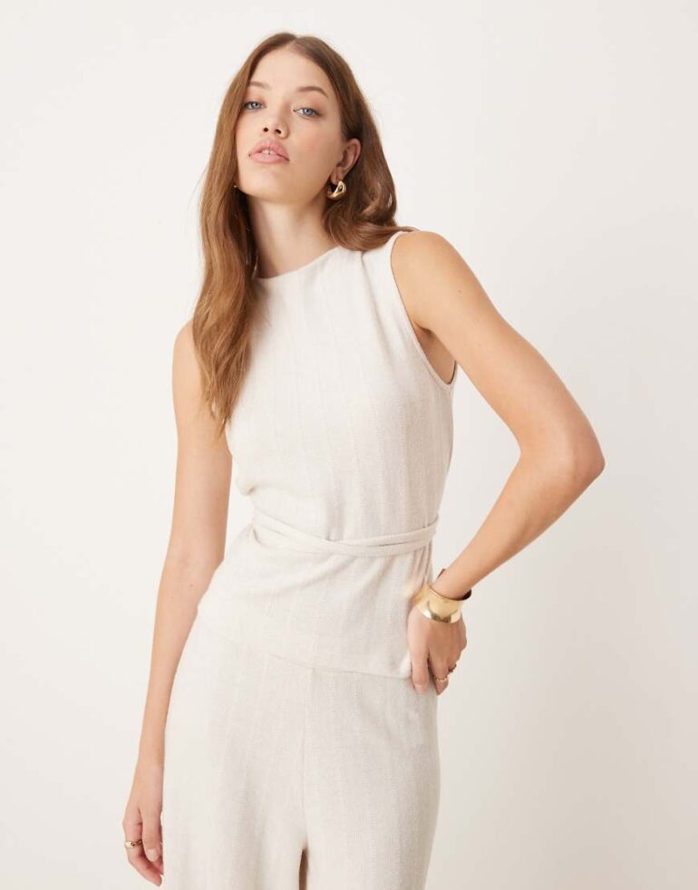 JDY high neck sleeveless belted top co-ord in cream-White