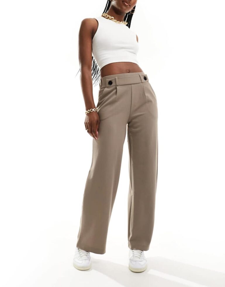 JDY high waisted crop wide fit tailored trousers in taupe-Grey