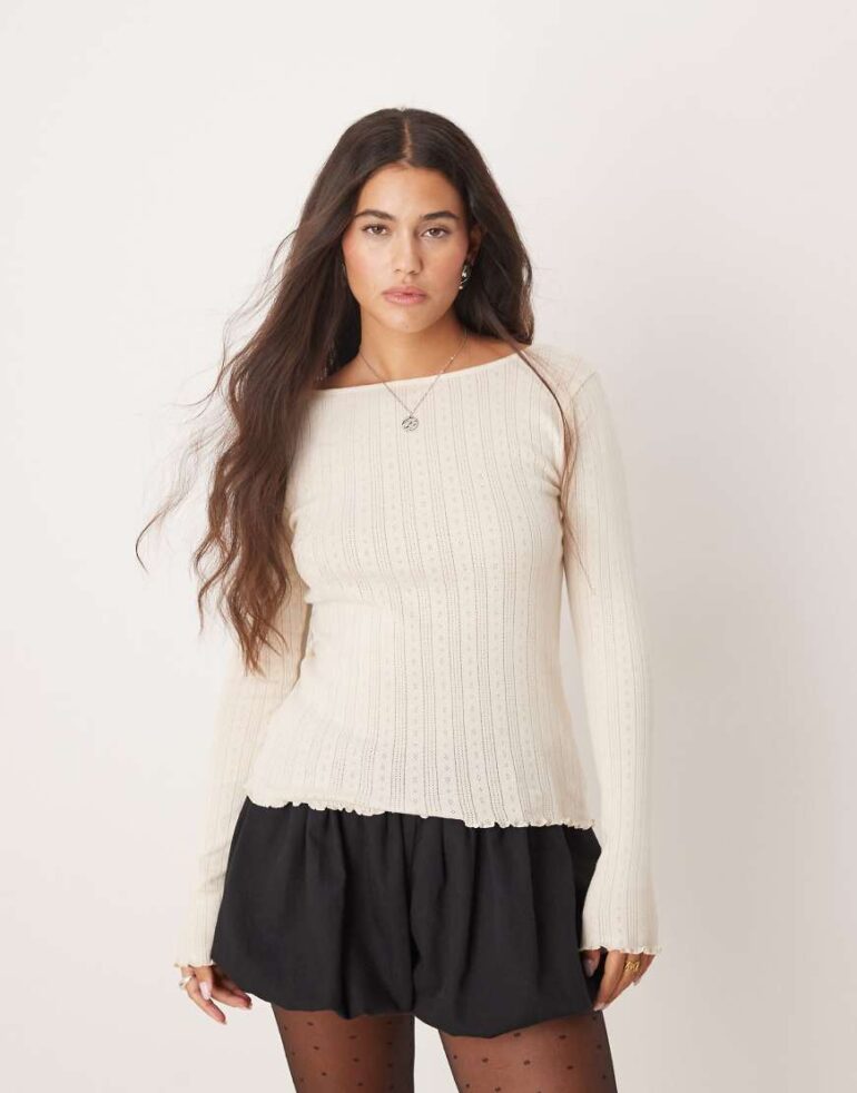 JDY lettuce edge long sleeve boatneck top in white