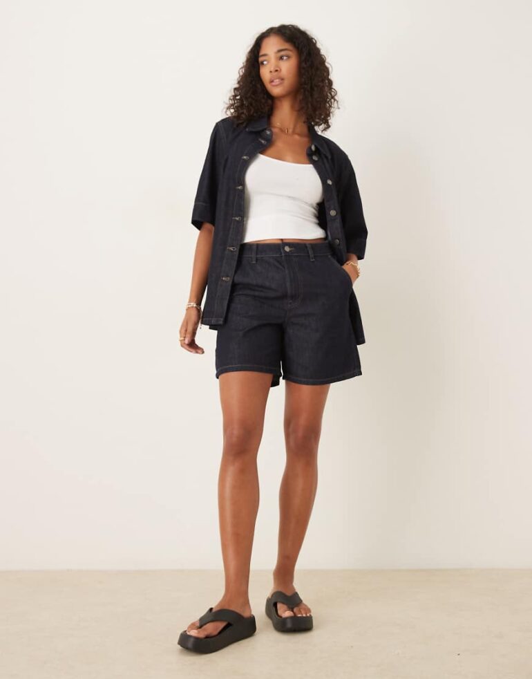 JDY lightweight loose fit shorts co-ord in dark blue denim