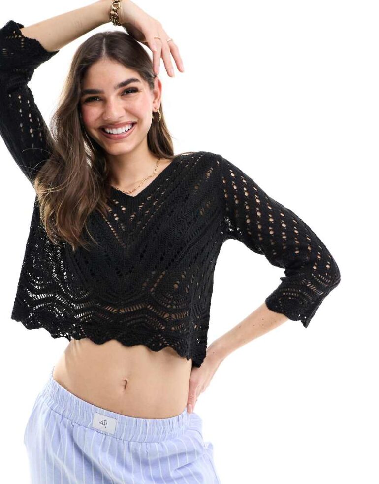 JDY open knit scallop edge top in black