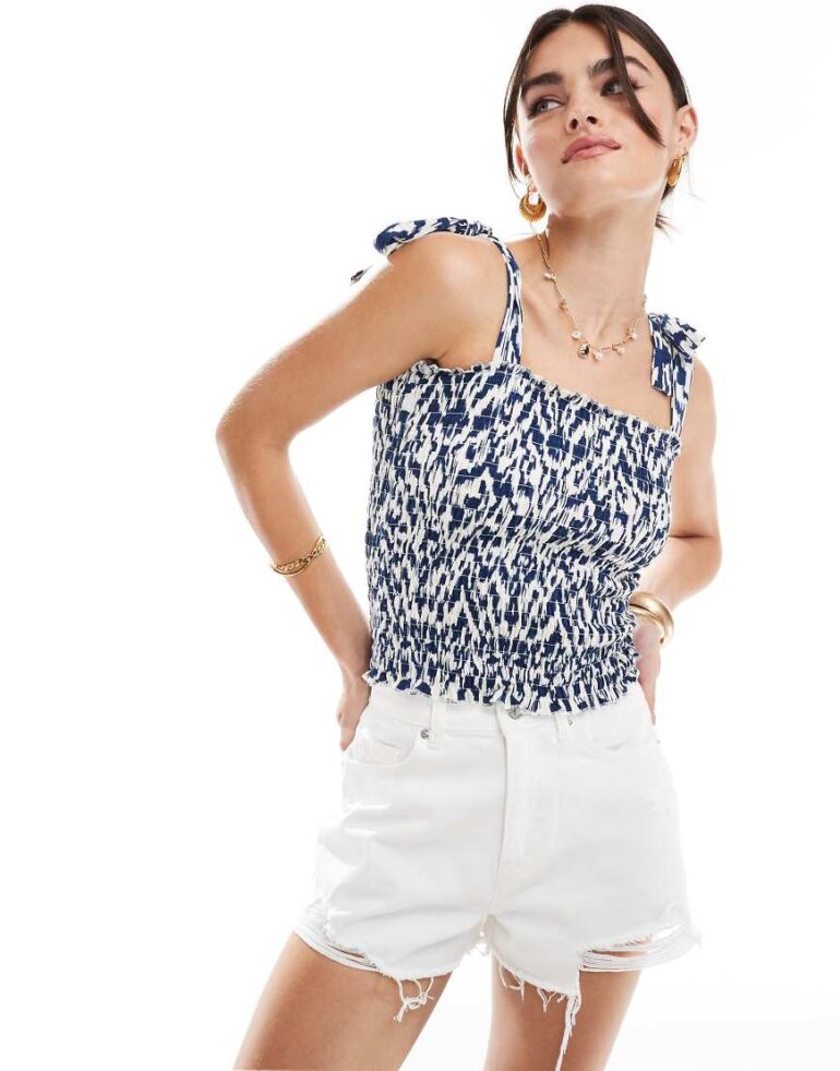 JDY shirred smock top with tie straps in white & blue