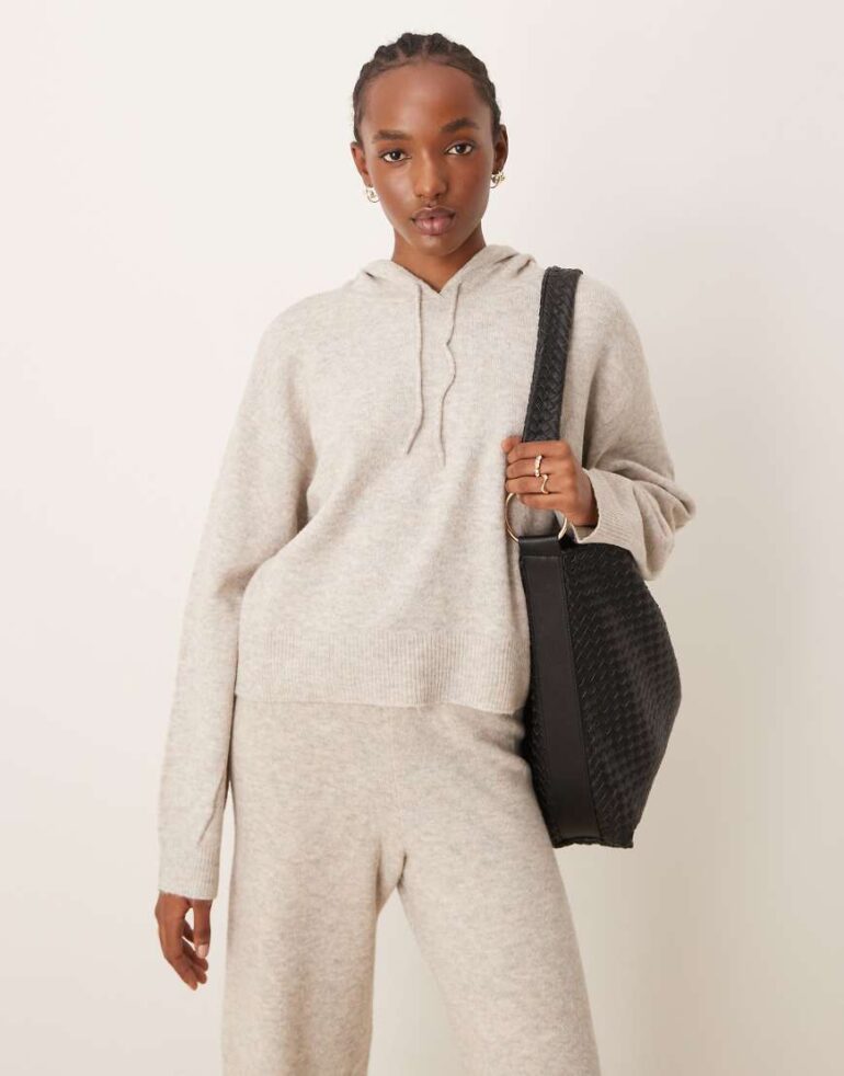 JDY slouchy knitted hoodie co-ord in cream-White