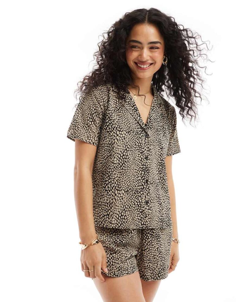 JDY textured shirt co-ord in black & beige print-Neutral