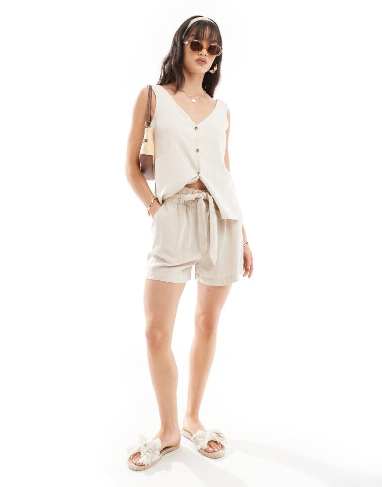 JDY tie waist linen shorts co-ord in stone-Neutral